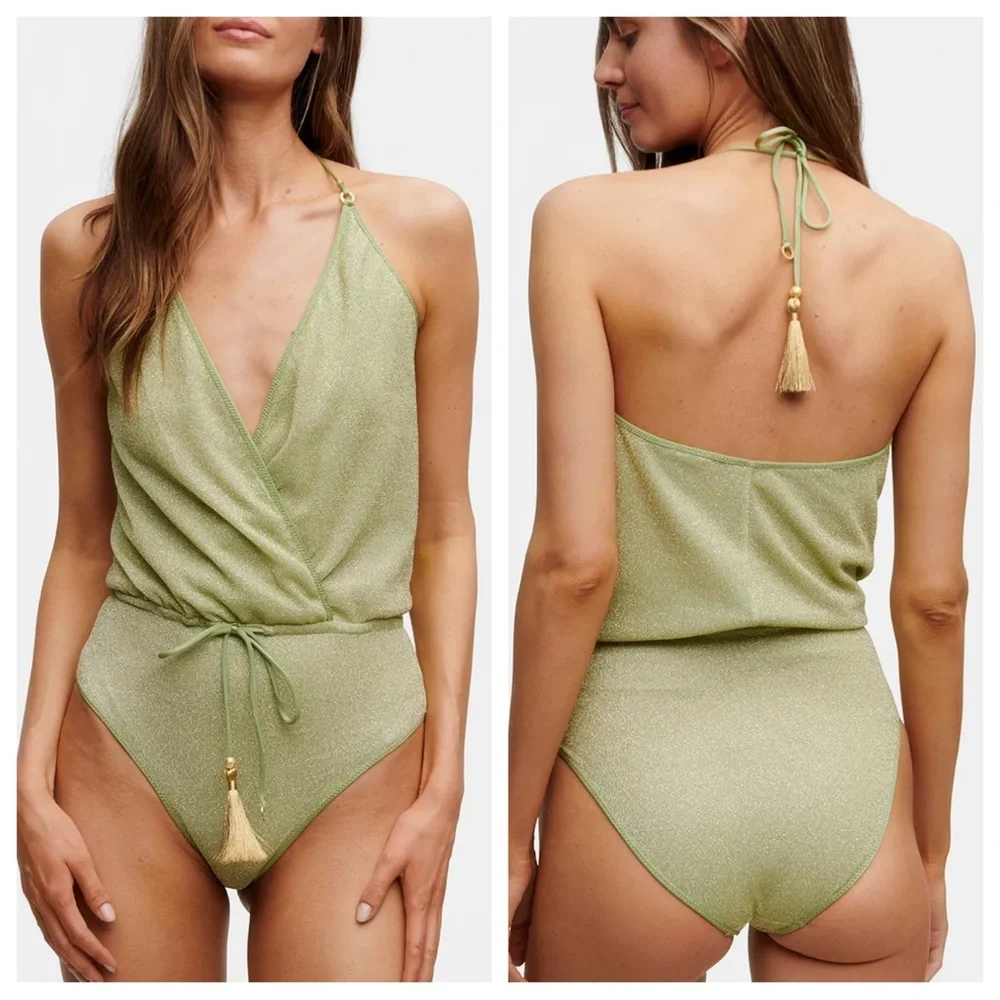 Hanne Bloch x Free People Green Glitter V Swimsuit | NWT